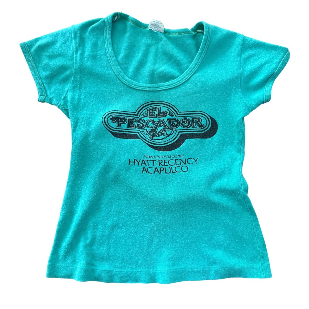1970s El Pescador Hyatt Regency Acapulco Mexico T Shirt Vintage Small Teal